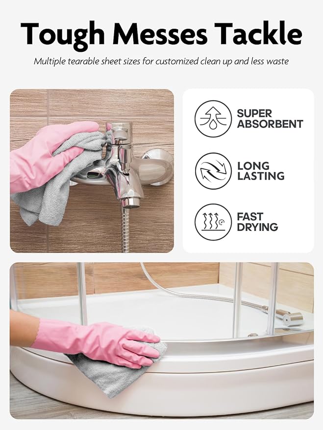 Fantasticlean Microfiber Cleaning Cloth Roll -60 Pack Tear Away Microfiber Towels 12 x 12 Reusable Washable Lint Free Ultra Absorbent Dishcloth for All-Around Cleaning (Pink &amp Grey)