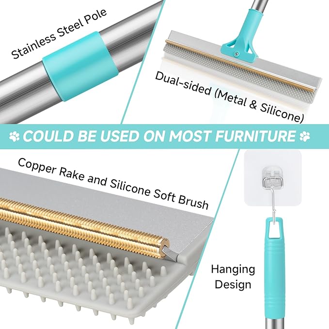 Carpet Rake for Pet Hair Removal Tool Reusable Pet Hair Remover Broom Dog&ampCat Hair Remover Scraper Rake with 54” Adjustable Long Handle 3 Pcs Carpet Brush Rake for Rugs Mats Couch Furniture