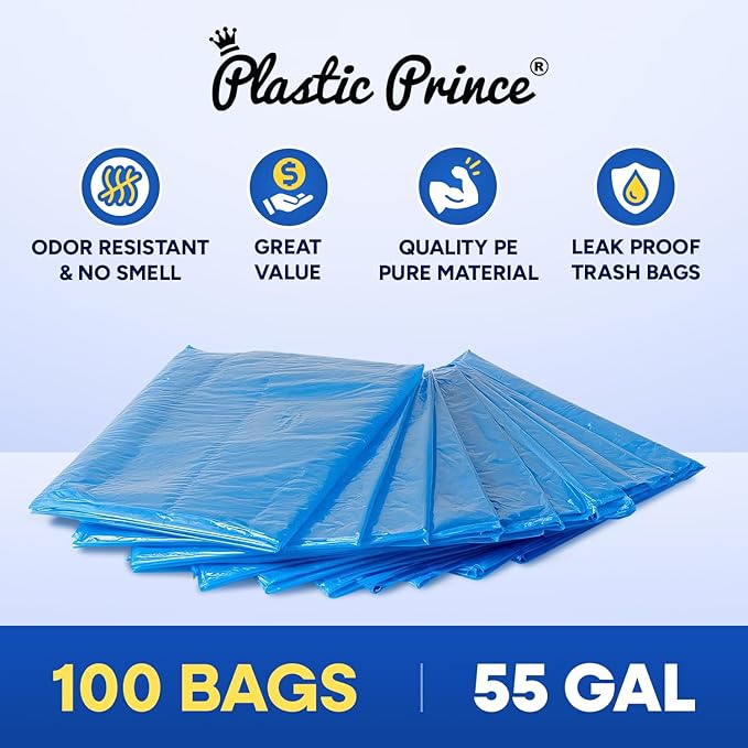 55-60 Gallon Trash Bags Heavy Duty 1.5 Mil Fits Rubbermaid Brute Rollout Round and Square 32-55 Gallon Trash Cans 43 x 47 Large Durable Garbage Trash Can Liners Blue Pack of 100