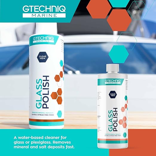 Gtechniq Marine Glass Polish for Boats 8.5 fl oz | Fast-Acting Hydrophobic Formula Removes Minerals Salt Deposits Water Spots and Dirt from Glass and Plexiglass Smear and Scratch-Free Finish