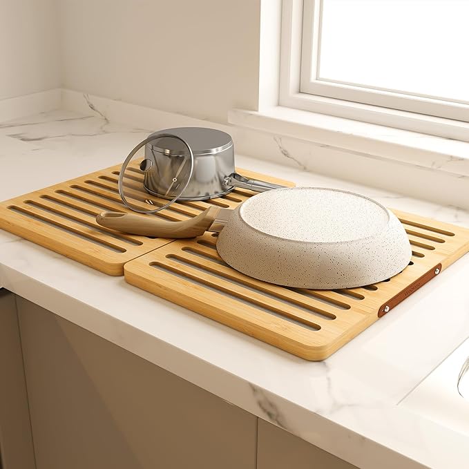Wealone Stone Dish Drying Mat for Kitchen Counter Fast Drying Diatomaceous Earth Stone Mat Bamboo Foldable Case Design Pad Dish Rack Water Absorbing Instant Dry Sink Rack for Dishes Cups and More
