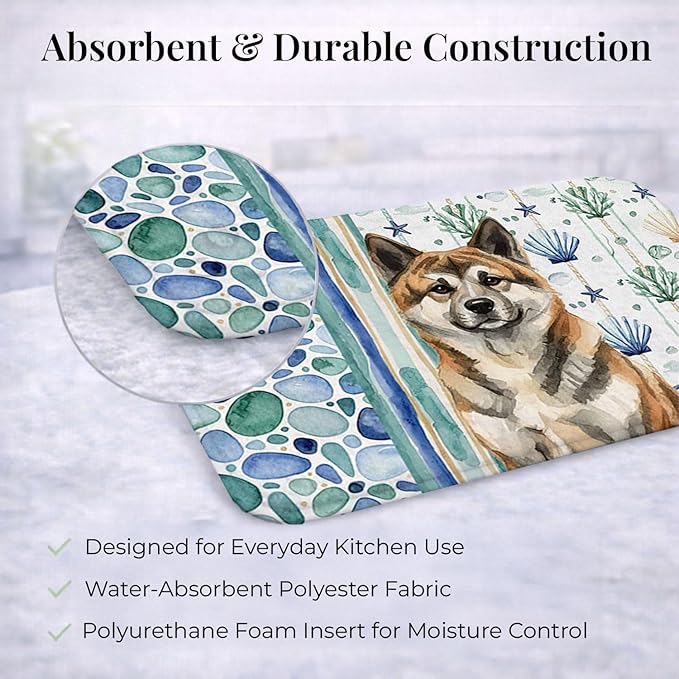 Caroline's Treasures Brindle Akita Coastal Sea Glass Dish Drying Mat Absorbent Dish Drying Mat Pad for Kitchen Counter Dish Drainer Mat for Countertop 14 x 21 Multicolor