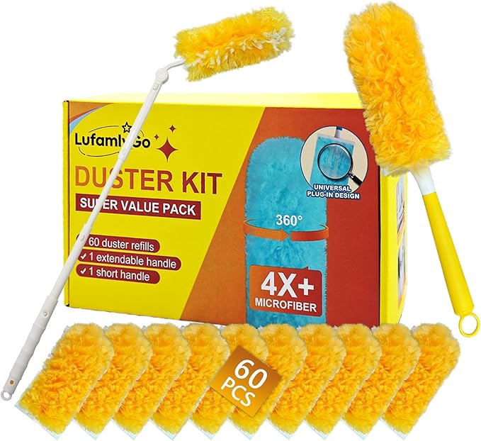 60PCS Fluffy 360° Heavy Duty Duster Refills fits Swiffer Duster 4X Dust Capture Power Unscented Disposable Electrostatic Dusters with 3ft Extended Handle for Furniture Electronics Blinds