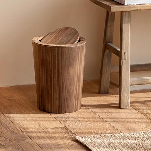 Kitchen Trash Can Simple Wooden Trash Can 8L Wood Grain Round Creative Household With Lid Flip Lid Decorative Garbage Bin Wastebasket Waste Basket(Bent willow color)