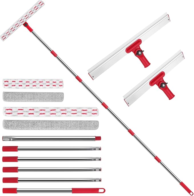 Window Cleaner Tool Set 86.6'' Window Washing Kit with 6-Section Extension Pole Window Cleaning Tool with 2 Sizes of Rubber Squeegees Window Squeegee for Home Car Glass Window Cleaning
