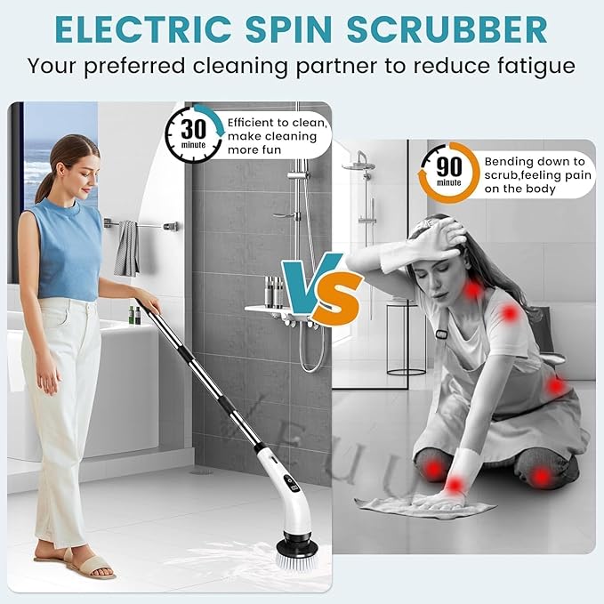 7-in-1 Electric Spin Scrubber 25W Powerful Cordless Cleaning Brush with Adjustable Handle &amp 7 Replaceable Heads for Bathroom Floor Tile Kitchen &amp Car