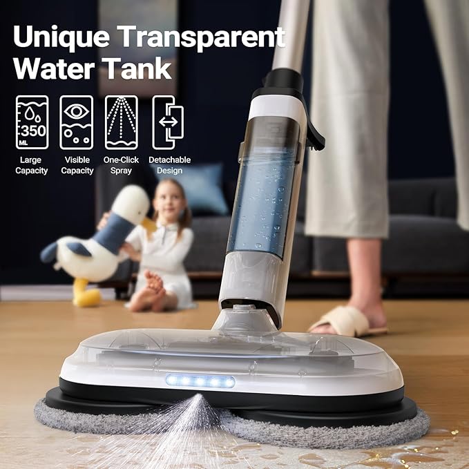 iDOO Electric Cordless Spin Dust Mop Electric Mops for Floor Hardwood Tile Cleaning with Sprayer &amp LED Headlight Rechargeable Dual-Motor Quiet Self Propelled Water Tank 4 Replaceable Heads Wh