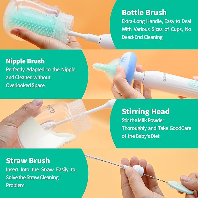 Electric Bottle Brush Cleaner Portable Electric Baby Bottle Brush Cleaner for Travel Rechargable Travel Bottle Cleaner Kit with Nipple &amp Straw Brush Perfect Mom Essentials After Birth Gift Gre
