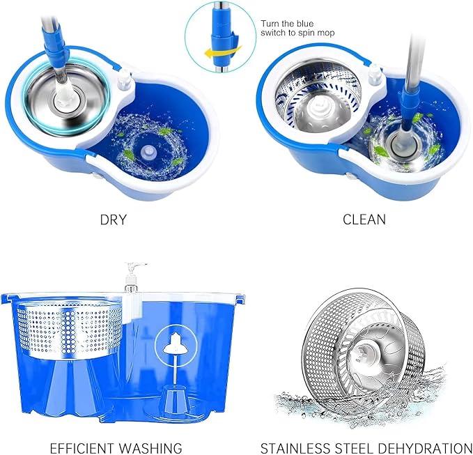 Spin Mop and Bucket with Wringer Set360° Spin Mop &amp Bucket Floor Cleaning System Mop Bucket with 61 Adjustable Extended Handle 3 Microfiber Replacement Head Refills