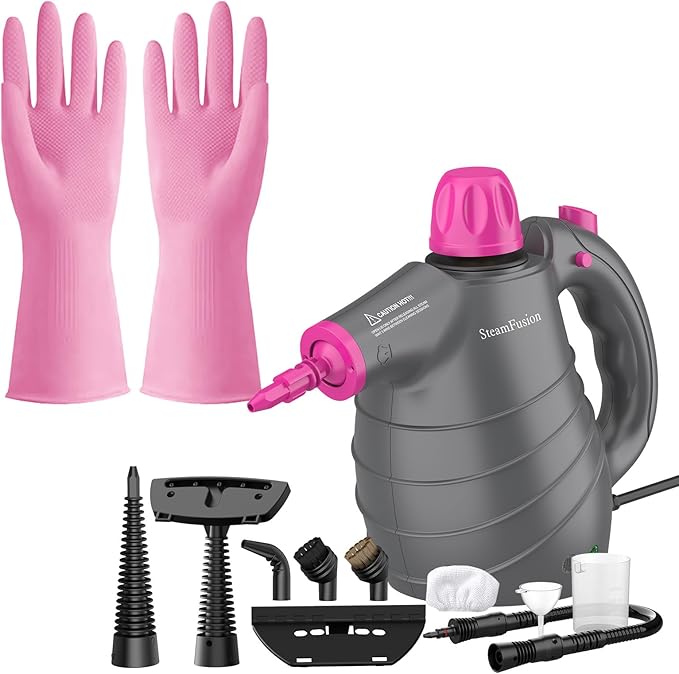 Multi-Surface Pressurized Handheld Steam Cleaner – 10-Piece Accessory Kit with Safety Lock | Natural Deep Cleaning for Home Kitchen Bathroom &amp More + Household Cleaning Gloves