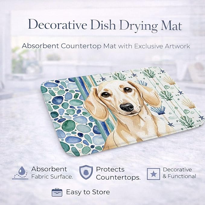 Caroline's Treasures Cream Dachshund Coastal Sea Glass Dish Drying Mat Absorbent Dish Drying Mat Pad for Kitchen Counter Dish Drainer Mat for Countertop 14 x 21 Multicolor