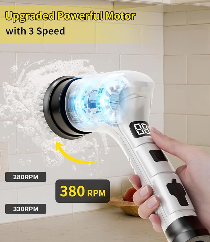 Electric Spin Scrubber Cordless Household Cleaning Brush with 6 Replaceable Heads 3 Speeds LED Display Lightweight Handheld Power Scrubber for Cleaning Stove/Bowl/Sink/Corner/Tile/Grout-White