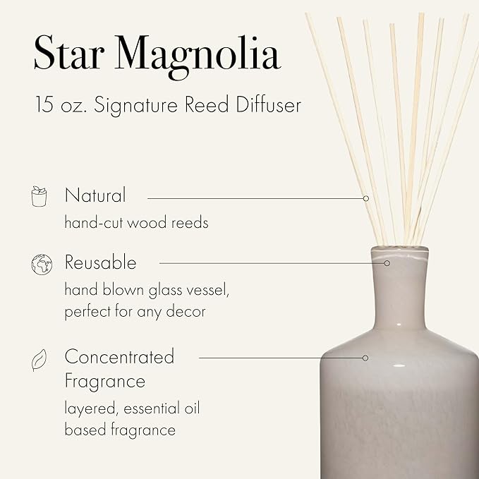 LAFCO New York Signature Reed Diffuser Star Magnolia - 15 oz - Up to 9 Months Fragrance Life - Reusable Hand Blown Glass Vessel - Natural Wood Reeds - Made in The USA