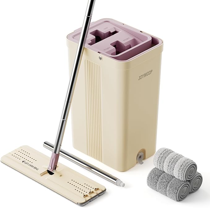 JOYMOOP Mop and Bucket Set (Beige &amp Blush Brown) with Extension Handle Ideal for Floor Window and Wall Cleaning - Includes 3 Washable Microfiber Pads for Wet and Dry Use