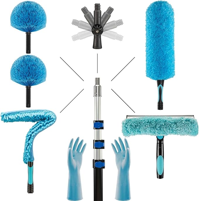 20 Foot Fan Cleaner High Ceiling 2 Cobweb Dusters with Heavy Duty Extension Pole Window Squeegee Kit Household Cleaning Gloves(12ft)