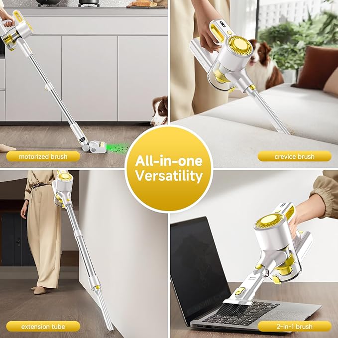 Cordless Vacuum Cleaner for Home Powerful Stick Vacuum with Rechargeable Battery Green Light Anti-Tangle Brush 6-in-1 Lightweight Handheld Vacuum for Pet Hair Hard Floor Carpet Yellow