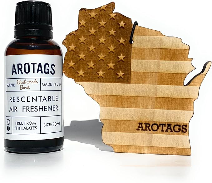 Arotags Car Air Freshener - Reusable Wood Diffuser - Hanging Odor Eliminator - Wisconsin Patriot - Balsam &amp Cedar Scent
