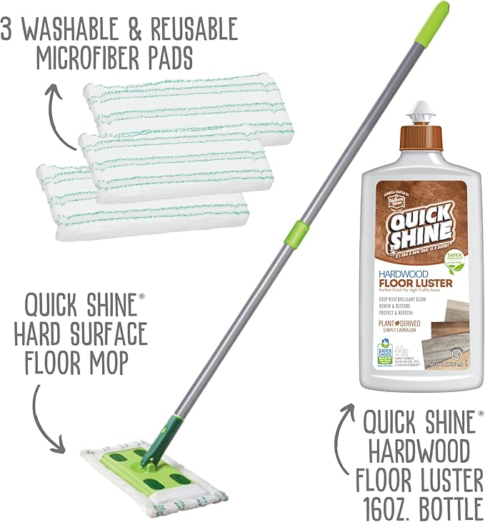 Quick Shine Hardwood Floor Clean + Polish Mop Kit w/ 3 Reusable Pads &amp 1-16 oz. Floor Luster w/Plant-Derived Carnauba | Use Wet + Dry | Safer Choice pH Neutral Ready to Use Formula