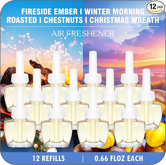 Plug In Refills Air Freshener Winter Scents with Fireside Ember Winter Morning Roasted Chestnuts Christmas Wreath - 12 Count 7.92 Fl Oz - Compatible with Air Wick &amp Glade Not Include Glade P