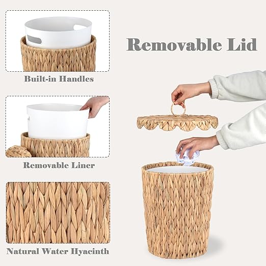 4 Gallon Wicker Trash Can with Scalloped Edge Lid Wicker Waste Basket with Removable Plastic Liner for Bathroom Bedroom Office Home