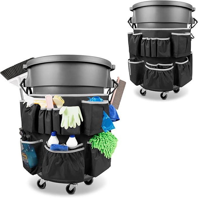 Trash Can Caddy Bag Fit 32-55 Gallon Garbage Bin Cleaning Caddy Bag with Adjustable Buckle for Industrial Trash Can 13 Pockets Cleaning Tool Organizer for Cleaning Supplies Gray Edge