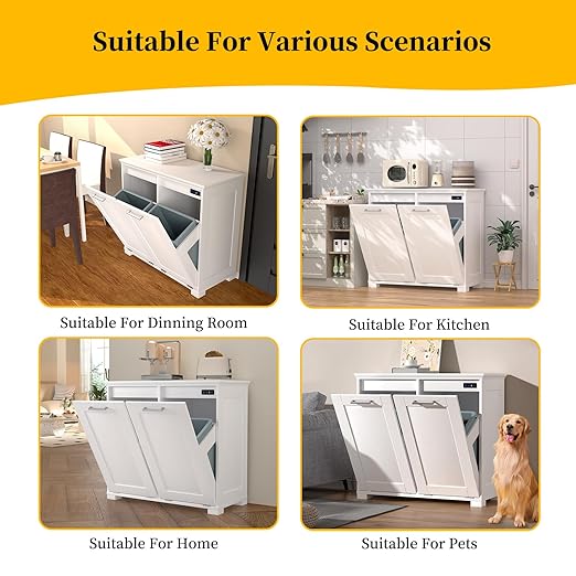 Tilt Out Trash Can Cabinet Wooden Trash Cabinet with Deodorising Function 20 Gallons Freestanding Dog-Proof Garbage Bin Cabinet for Home Laundry Room Kitchen and Living Room White Finish