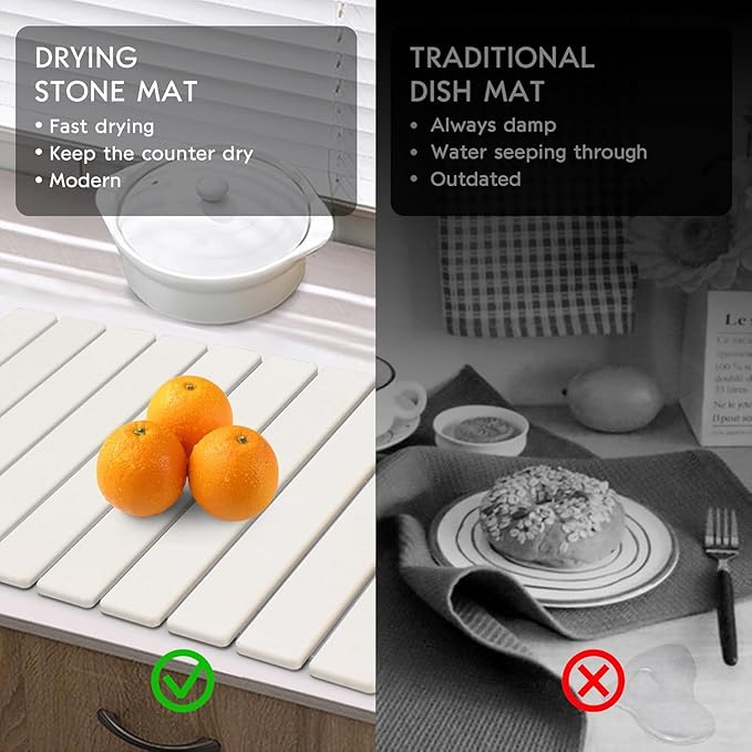 Large Stone Dish Drying Mats for Kitchen Counter 23(L)×15(W) Quick Dry Collapsible Dish Drying Mat Eco-Friendly Absorbent Diatomaceous Earth Mats for Dishes Bottles Cups Match Any Countertop