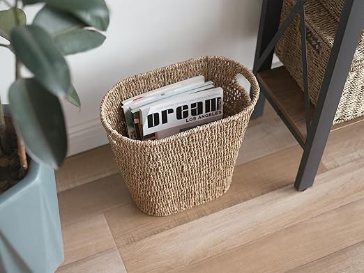 StorageWorks Wicker Waste Basket Handwoven Seagrass Trash Can with Built-in Handles Wicker Garbage Can for Bedroom Bathroom 1 Pack