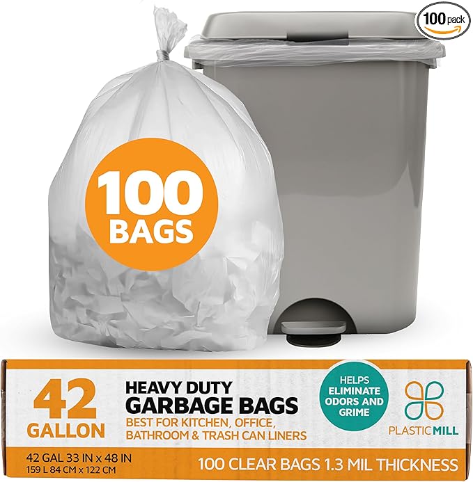 PlasticMill Heavy Duty Trash Bags - Clear Garbage Bags - Plastic Trash Bags for Large Rolling Trash Bins - Tall Trash Bags - 42-Gallon Large Kitchen Trash Bags 1.3 Mil 33x48 (100-Count)