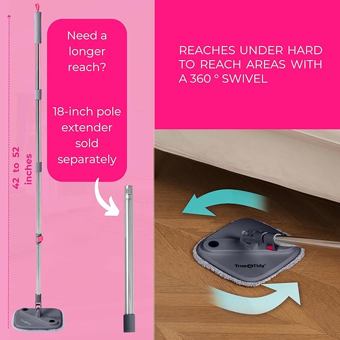 True &amp Tidy True Clean Spin Mop &amp Bucket System – Dual Compartment Design for Clean &amp Dirty Water 360° Swivel Mop Head Built-in Scrubbing Brush Stainless Steel Handle &amp 2 Reusable M