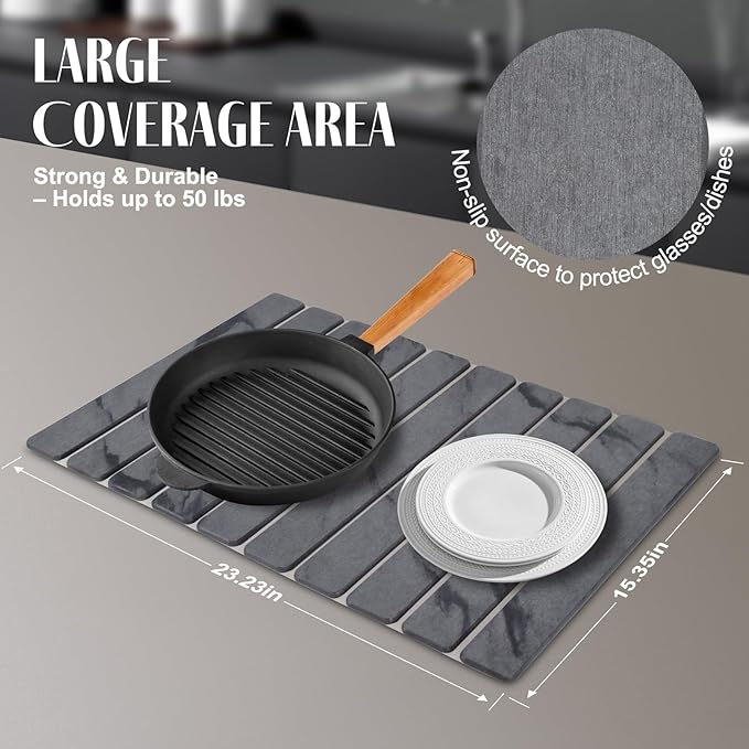 Large Stone Dish Drying Mats for Kitchen Counter 24(L)×16(W) Marble Drying Collapsible Dish Drying Mat Eco-Friendly Absorbent Diatomaceous Earth Mats for Dishes Bottles Cups - Dark Grey