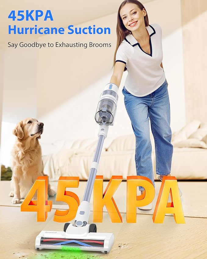 Cordless Vacuum Cleaner 45KPA Stick Vacuum Cleaners for Home 6-in-1 Rechargeable Lightweight Vacuum Up to 35Mins Runtime with Powerful Suction for Carpets Pet Hair Hardwood Floors