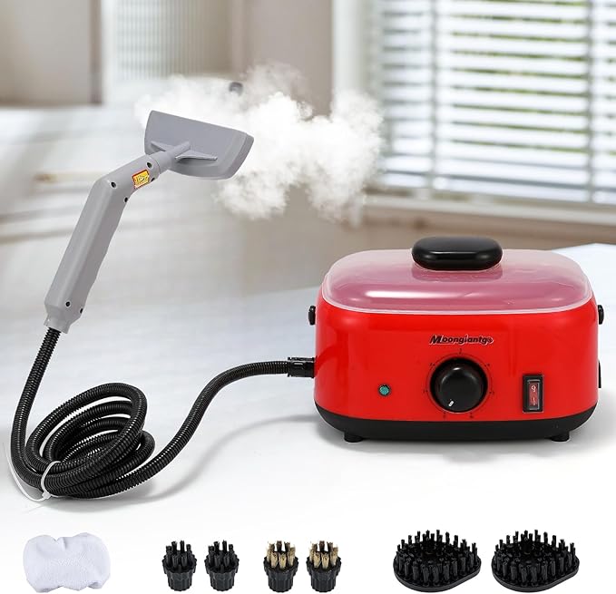 Moongiantgo Steam Cleaner Handheld Steamer for Cleaning Portable Pressurized Cleaning Machine for Car Detailing Grout Tile Upholstery Home Use Kitchen Bathroom with 1500ML Water Tank (Red-Black)