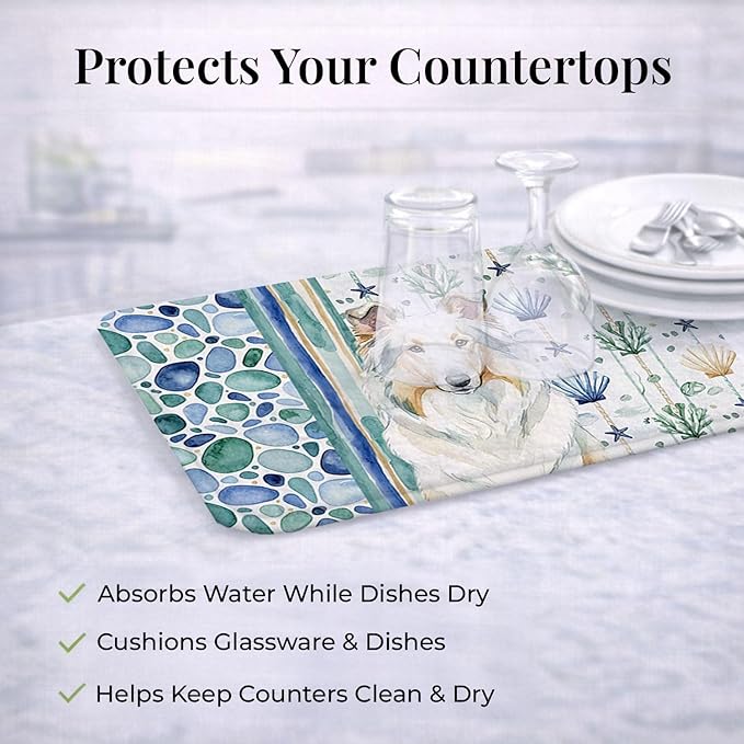 Caroline's Treasures White Collie Coastal Sea Glass Dish Drying Mat Absorbent Dish Drying Mat Pad for Kitchen Counter Dish Drainer Mat for Countertop 14 x 21 Multicolor