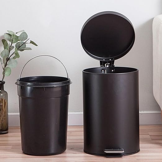 Trash Bin Waste Basket with Lid and Foot Pedal Stainless Shell Trash Can Slide-Out Inner Pail with Easy Clean Mechanism Waste Disposal Unit for Kitchen Bedroom Apartment Hotel Garage Dorm Car
