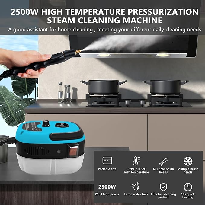 Handheld Steam Cleaner 2500W Pressurized Steam Cleaner with 3 Brush Heads Portable Steam Cleaner for Home Car Furniture Kitchen Bathroom and Wall Blue