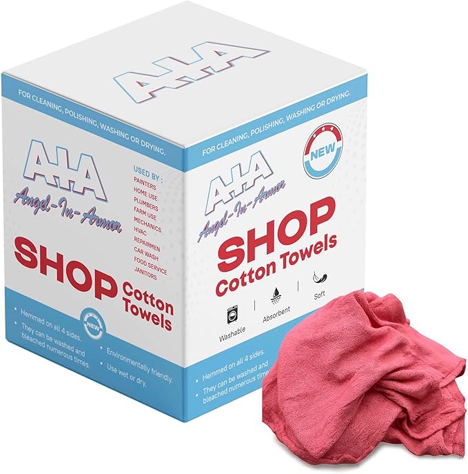 Angel-in-Armor Red Shop Towels (14”x14”) – 500 Unit Box of Lint-Free Cotton Shop Towel Cleaning Rags – Durable Shop Rags for Auto Garage Industrial and Commercial Use