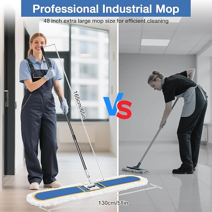 48 Commercial Industrial Dust Mop for Floor Cleaning Large Floor Dust Broom with Washable Mops Pads Wet Dry Duster Mops for Hardwood FloorsMarble Laminate Tile Concrete GarageBlue