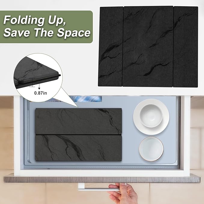 Dish Drying Mat Large Stone Dish Drying Mat For Kitchen Counter Collapsible Quick-Drying Sleek Diatomaceous Versatile Stone Drying Mats For Cups Dishes Bottles Marble (black 16×19)