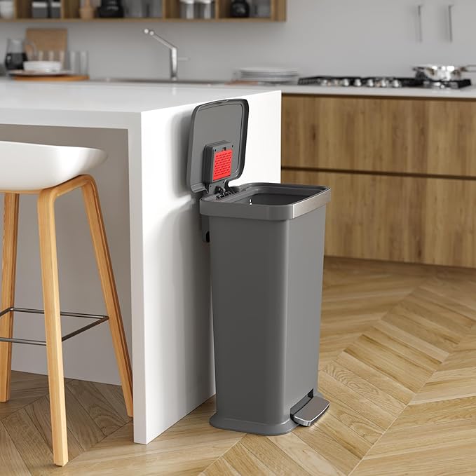 iTouchless SoftStep 13.2 Gal / 50L Step Pedal Kitchen Trash Can with Odor Filter Durable Dent-Proof Construction and Stainless Steel Trim Garbage Bin with Lid for Home Office Bedroom Gray Plastic