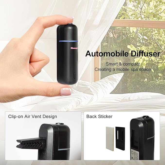 Car Air Freshener Diffuser Motion Sensor Waterless Essential Oil Diffuser for Car USB Rechargeable Air Freshener with 6 Refill Scents（Hilton/Sandwood/WhiteTea/Diamond/GreenBamboo/Pachuli