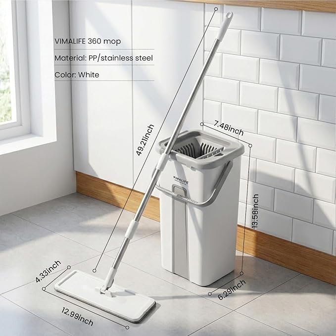 VIMALIFE Mop and Bucket Set with Wringer Self Cleaning Flat Mop and Bucket System 2 Parts Bucket Wash &amp Dry System 360° Rotating 3 Microfiber Pads Included Ideal for Homes Floor &amp Wall Ce