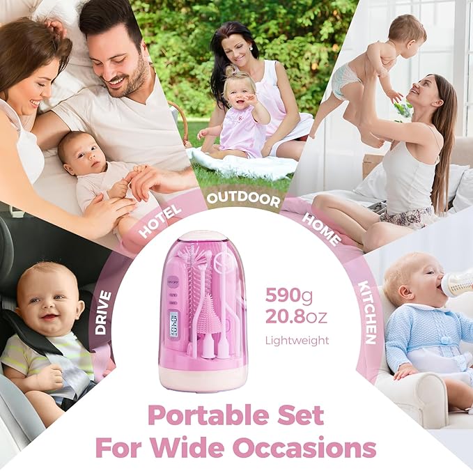 Electric Bottle Brush CleanerRechargable Electric Baby Bottle Brush Cleaner with ThermometerSilicone Bottle/Nipple/Straw BrushDrying RackTravel Bottle Cleaner Kit for New Moms (Pink)