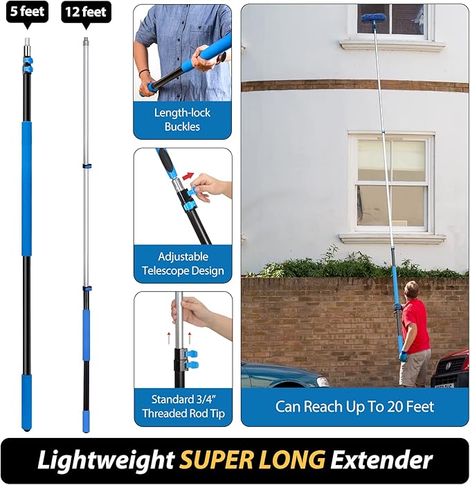 20 Feet High Reach Duster Kit with 5-12 Ft Extension Pole Cobweb Duster with Telescoping Pole Window Squeegee with Scrubber Spider Web Brush High Ceiling Fan Duster for High Window Interior Roof