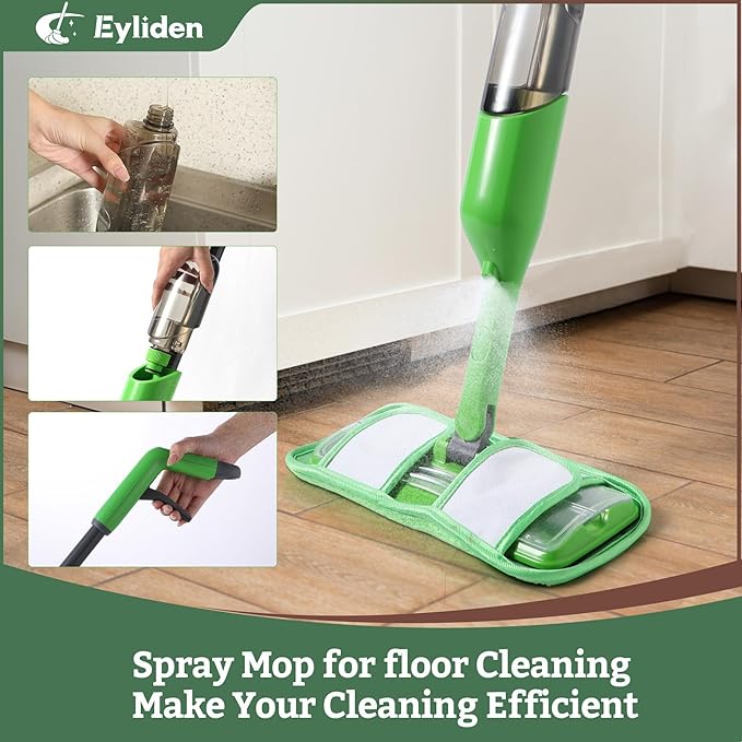 Eyliden Spray Mop - Design for Small Spaces | 12 Disposable Cloths 1 Reusable Pad 13 oz Refillable Bottle | Wet Mops for Apartments and Dorms Floors Lock Tight Design No Lost Pads - Swivel Head