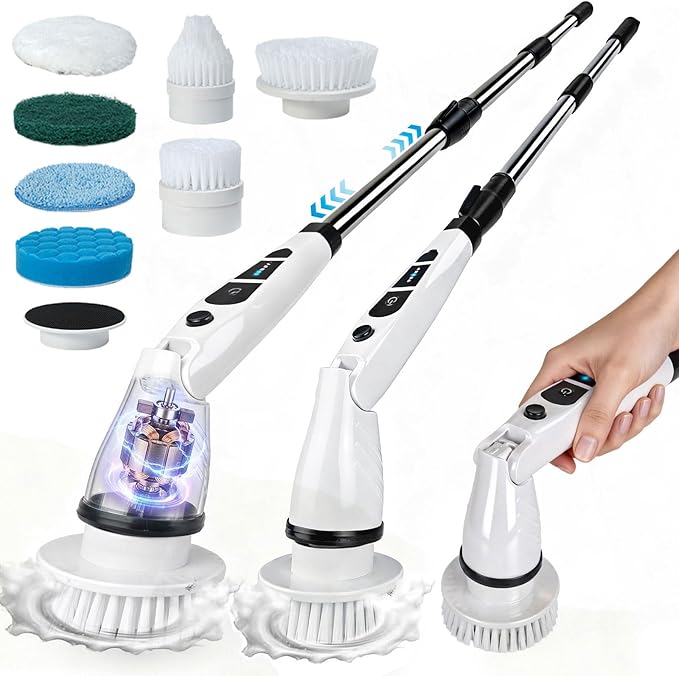 Electric Spin Scrubber Shower Scrubber with Long Handle 7 Brush Heads 2-Speed Cordless Bathroom Cleaning Brush 54in Extendable Electric Cleaning Brush for Tub Tile Floor &amp Kitchen