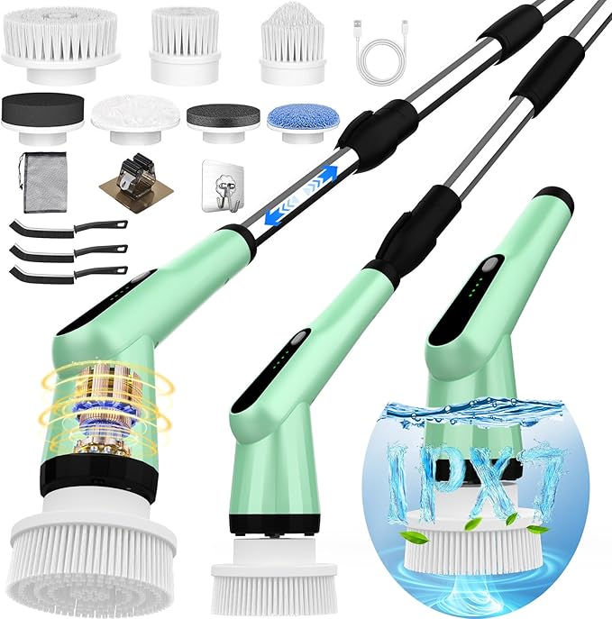 Electric Spin Scrubber Dreazu IPX7 Bathroom Scrubber with 7 Replaceable Brush Heads &amp Retractable Handle 2-Speed Adjustable Spin Scrubber for Bathroom Bathtub Kitchen Tile Floors（Green）