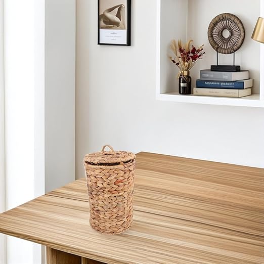 ABOOFAN Rustic Woven Wastebasket with Lid Seagrass Trash Can for Kitchen Bathroom and Bedroom Breathable Design for Easy Maintenance and Stylish Functionality