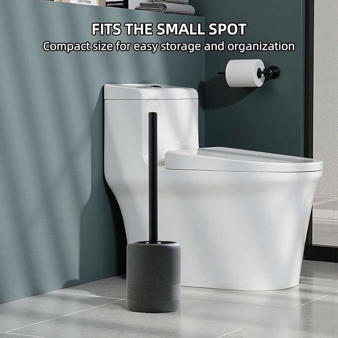 Toilet Brush and Holder Set 2 PCS Decorative Toilet Bowl Brush and Holder Set Bathroom Aceessories Toilet Scrubber Brush Set with Heavy-Weight Resin Base with Long Handle (Black)