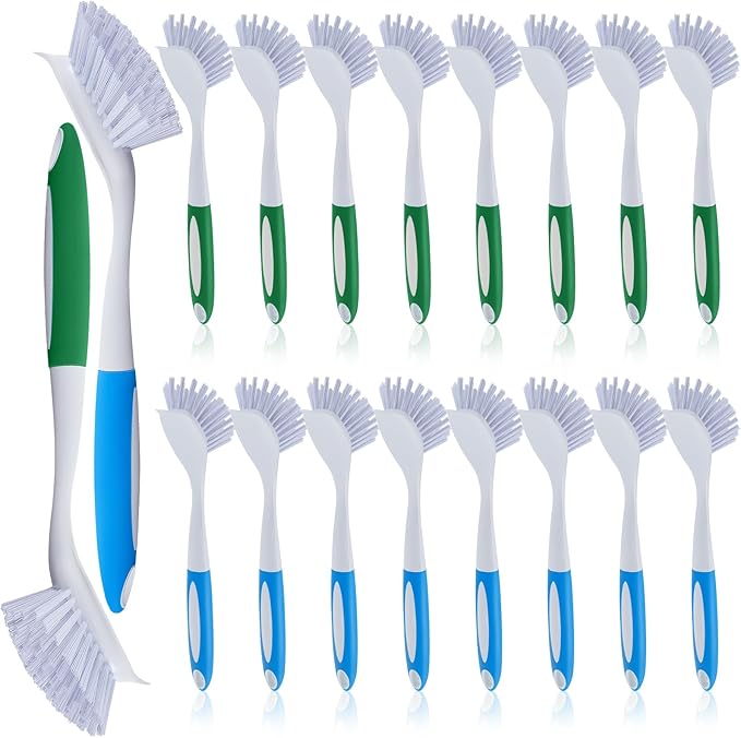 Hsei 20 Pcs Blue and Green Kitchen Scrub Dish Brush Bulk with 11 Inch Anti Slip Handle Cleaning Dish Scrubber with Stiff Bristles Washing Scrub Brushes for Housekeeping for Pots and Pans Kitchen Sink